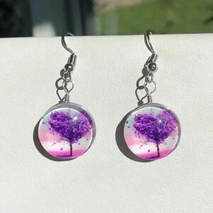 Purple Hearts Glass Tree 3D Drop Earrings NWT